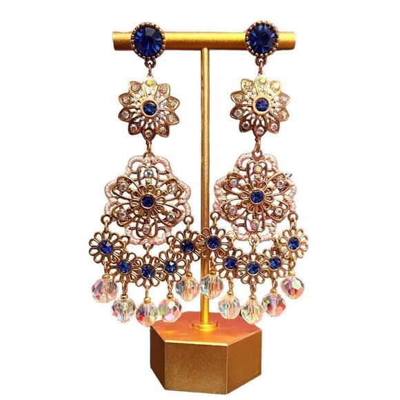 Large Blue Rhinestone Clear AB Crystal Gold Tone Dangle Earrings NWOT - Picture 1 of 1